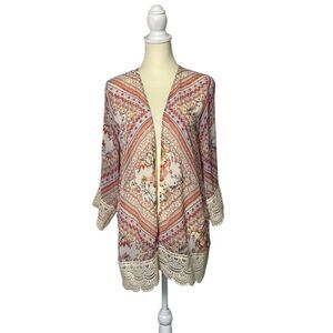 Rewind Bohemian Floral Crochet Lace Colorful Kimono Cardigan Women's Size XS